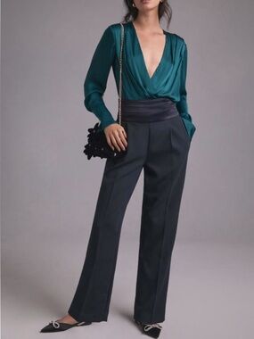 🫐 Never been worn! Anthro/Maeve Navy High-Waist Trousers w/ Wide Satin Waistband